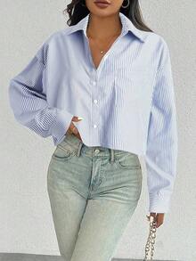 Camisa casual de manga larga con bolsillo, de ajuste suelto y hombros caídos, de unicolor, para primavera/verano, Top de manga larga - Azul y blanco - Ver 6