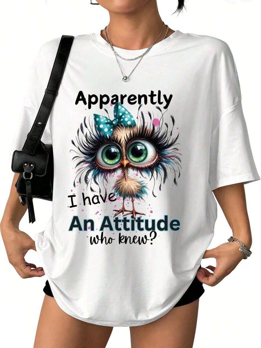 Men's And Women's Casual Spring And Summer T-Shirts, New Style, With Owl Print And The Phrase 'Attitude Queen', Soft And Comfortable Fabric, Casual And Versatile, Ideal For Summer Wear, As A Gift, Available In Local Warehouse - 白色 - 查看 1