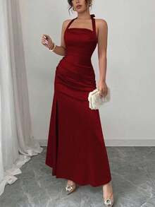 Vestido camisero elegante de color champagne, con tela de satén elástica y abertura lateral de largo maxi - Burdeos 2 - Ver 6