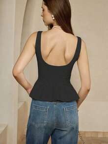 Camiseta sin mangas ajustada al Body con ribete de volantes cuadrado y diseño empalmado de un solo color para mujer en verano - Negro - Ver 2