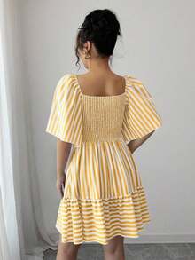 Elenzya Vestido de primavera y verano de talla media con rayas azules y blancas, manga corta, elegante y casual, con cintura ajustada para mujeres - Multicolor - Ver 2
