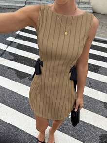 Vestido coreano de mujer con estampado de lunares, lazo y tirantes versátil y de moda - Caqui - Ver 3