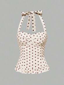 Avant Conjunto de camiseta sin espalda con cuello halter de estilo romántico de vacaciones con lunares y cuadros para mujer - Marrón Mocha - Ver 3