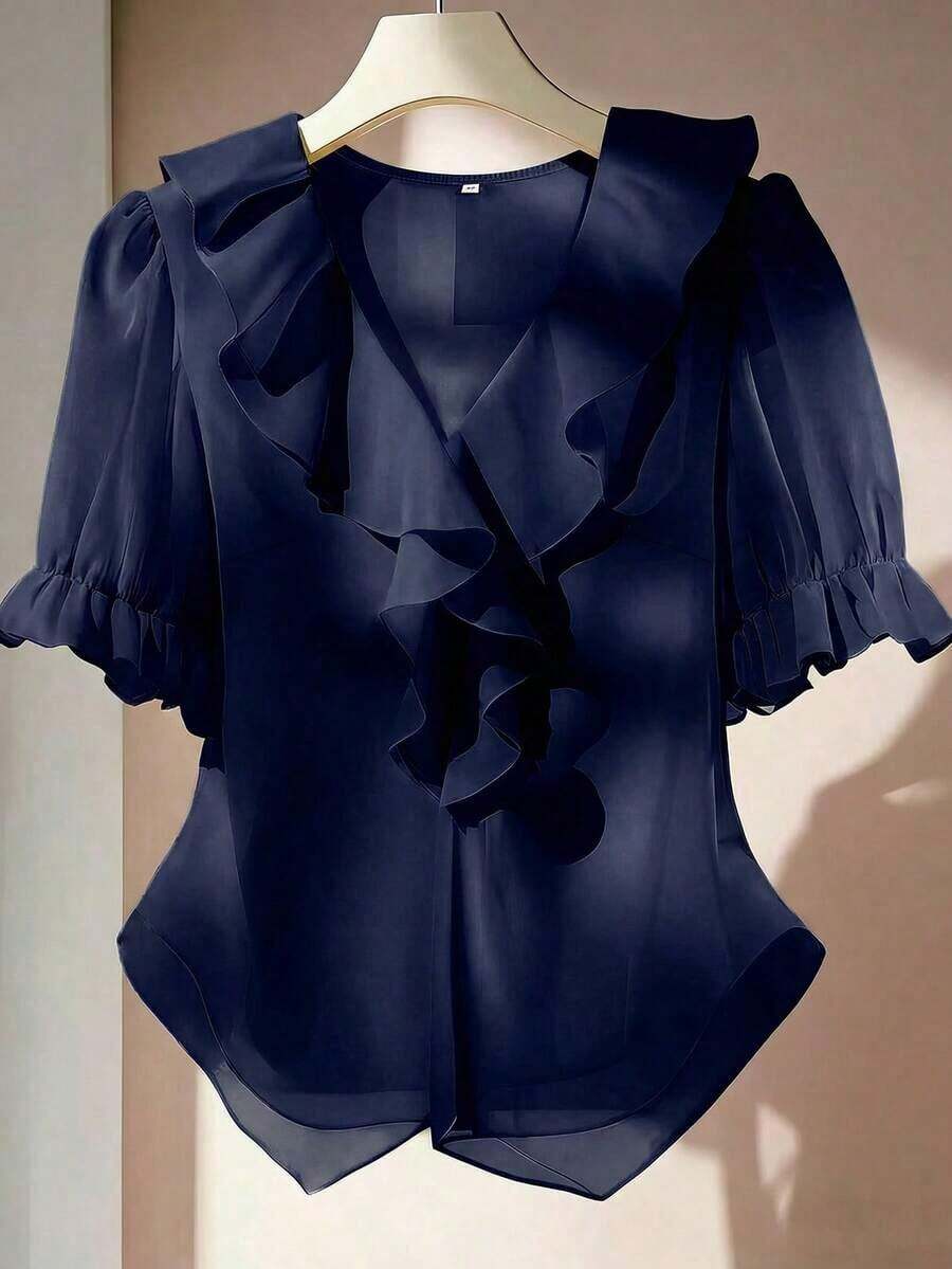 Blusa casual con cuello en V, mangas con volantes y pétalos - Azul marino - Ver 1