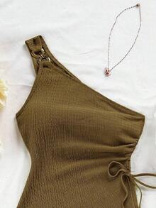 Camiseta de tirante único de punto jacquard texturizado de color beige para mujer, adecuada para fiesta, cita, Día de San Valentín, Pascua, carnaval, té de la tarde, playa, crucero, vacaciones en la ciudad - Marrón 3 - Ver 7