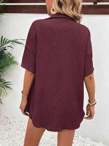 Conjunto de 2 piezas con blusa de manga corta de cuello de botones y shorts con lazo delantero, sencillo, para mujer - Rosa Roja - Ver 2