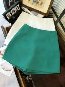 Pantalones cortos/falda/culotte/shorts de mujer de tela suave y texturizada de cintura alta con abertura, de uso versátil y casual, para primavera/otoño - Verde Caza - Ver 2