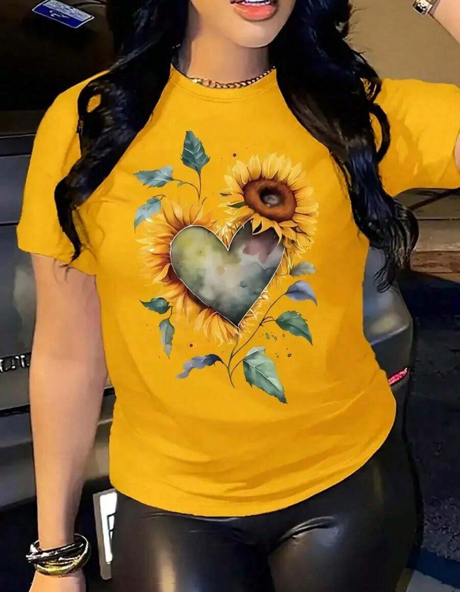 Camiseta de manga corta con estampado de girasol en forma de corazón floral para mujer, cuello redondo casual, tejido de punto 100% poliéster, camiseta de longitud regular para todas las estaciones para primavera y verano.Pure-Cotton - Blanco - Ver 1