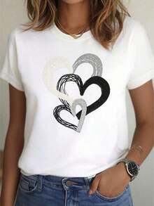Casual Graphic Print T-Shirt, Plus Sizes, 100% Cotton, Slim Fit, New Year 2026 T-Shirt | Heart Print Design, Casual Wear, Quick-Drying,  Summer Casual Top, Round Neck, Regular Fit, Short Sleeves, Slightly Stretchy Fabric, With Shirt, Summer Tops, Suitable Shirt, 100% Cotton, Durable. - 白色 - 查看 1