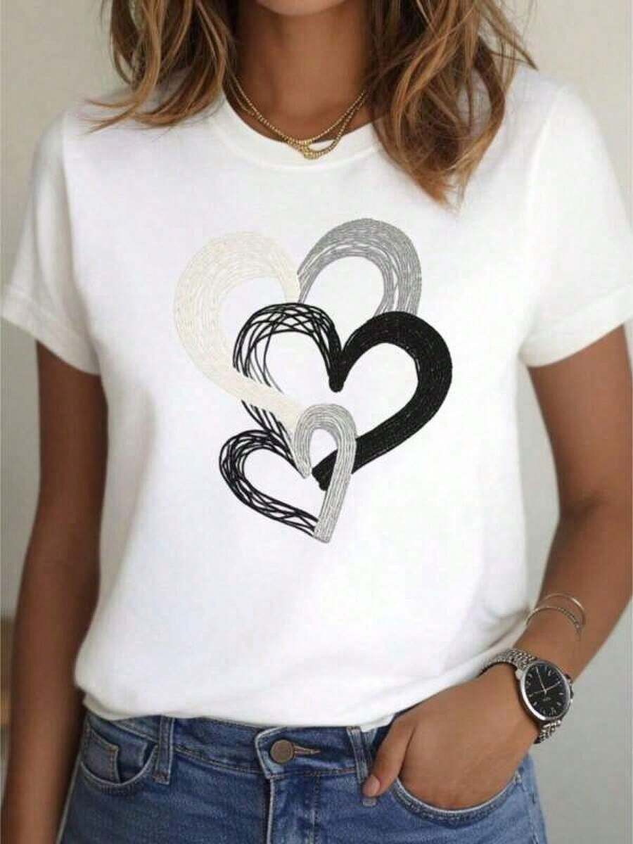 Casual Graphic Print T-Shirt, Plus Sizes, 100% Cotton, Slim Fit, New Year 2026 T-Shirt | Heart Print Design, Casual Wear, Quick-Drying, Summer Casual Top, Round Neck, Regular Fit, Short Sleeves, Slightly Stretchy Fabric, With Shirt, Summer Tops, Suitable Shirt, 100% Cotton, Durable. - 白色 - 查看 1