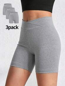 3 piezas Pantalones cortos deportivos casuales de punto de unicolor para niñas (YY783) - Gris - Ver 5
