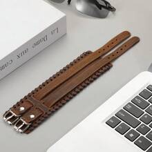 1pc Vintage Multilayer Distressed Leather Bracelet, Men's Business Casual Fashion Accessory - Brown - View 4