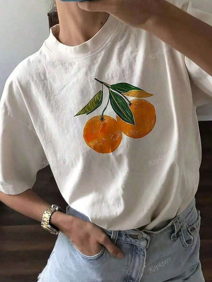 Camisetas manga corta mujer crew neck T-shirt Camiseta suelta de manga corta con cuello redondo de color sólido para mujeres, estampado naranja, suelta y cómoda - Blanco - Ver 1