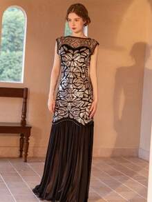 Women's Long Party Dress With V-Neck, Sequin And Lace Embroidery On The Top, Flowing Chiffon Skirt, Various Colors (Green, Black, Red, Champagne), Ideal For Banquets And Formal Events. - 金色 - 查看 5