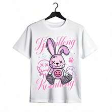 Tops para mujer Holgada para Niña con Estampado de Conejo Graffiti - Diseño de Sonrisa Derretida, Estilo Urbano Y2K, Ropa Casual de Verano para Skateboard - Blanco - Ver 2