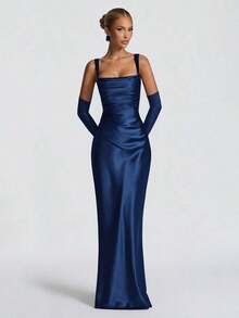 Red Satin Square Neck Maxi Dress, Ruched Bodycon Formal Evening Gown With Gloves - Navy Blue - View 11
