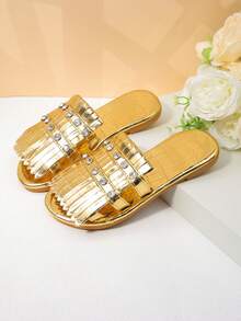Girl's Retro-Style Rhinestone Fringe Slides, Versatile Outdoor Beach Shoes For Summer - Gold - View 3