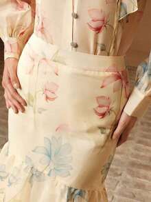 Falda elegante y romántica con estampado floral fresco y volantes en el bajo, de corte de sirena, para mujer, de , para primavera/verano - Albaricoque - Ver 8