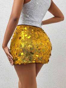Minifalda ajustada con lentejuelas para ropa de fiesta de vacaciones - Dorado - Ver 2