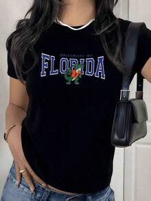 Modern Minimalist T-Shirt With Florida Crocodile Graphic Print, 1 Piece, Retro Collegiate Style, Casual For Women, 100% Cotton, Streetwear Style (Special Low Price For Good Friday And Easter). - 黑色 - 查看 9
