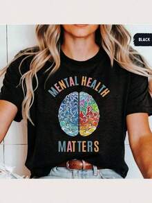 Playera minimalista moderna 100% algodón Mental Health Matters, Camiseta de Salud Mental, Sudadera de Psicólogo Escolar, Sudadera con Capucha Inspiradora, Concientización sobre Salud Mental, Camiseta con Diseño de Cerebro, Camisetas de Verano para Mujer, Camisetas Gráficas Estampadas de Gran Tamaño 100% Algodón para Mujer, Camiseta Casual de Cuello Redondo y Manga Corta, 1 pieza, Camiseta de Moda, Regalo de Halloween, Regalo de Navidad - Negro005 - Ver 7