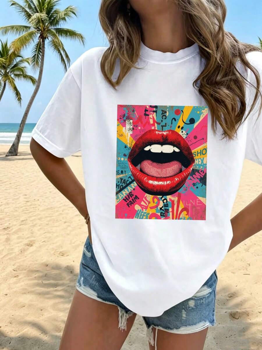Camiseta de Mujer 2026, Nueva de Verano, Cuello Redondo, con Estampado de Labios Rojos Llamativo, Diseño de Fondo Colorido, Seda de Leche Doble Cepillada, Cómoda y Transpirable, Versátil para Uso Diario, Viajes al Trabajo, Casual, Efecto Adelgazante, Top Multicolor. - Blanco - Ver 1