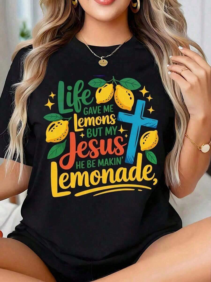 PremiumLife Me dio limones, pero mi Jesús está haciendo limonada - Camiseta de fe cristiana para mujer con diseño cítrico, para adoración o uso diario, de algodón puro y ecológica. - Negro - Ver 1