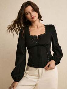 Blusa de manga larga con cuello cuadrado, decoración de lazo y encaje de contraste para mujer - Negro - Ver 8