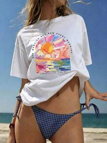 Playera Oversize Mujer "Misericordias Nuevas Cada Mañana" - Blanca con Estampado Cristiano de Atardecer 3IEG - Blanco - Ver 2