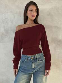 Top de manga larga asimétrico de hombro de punto de color albaricoque para mujer, otoño/invierno - Burdeos - Ver 3
