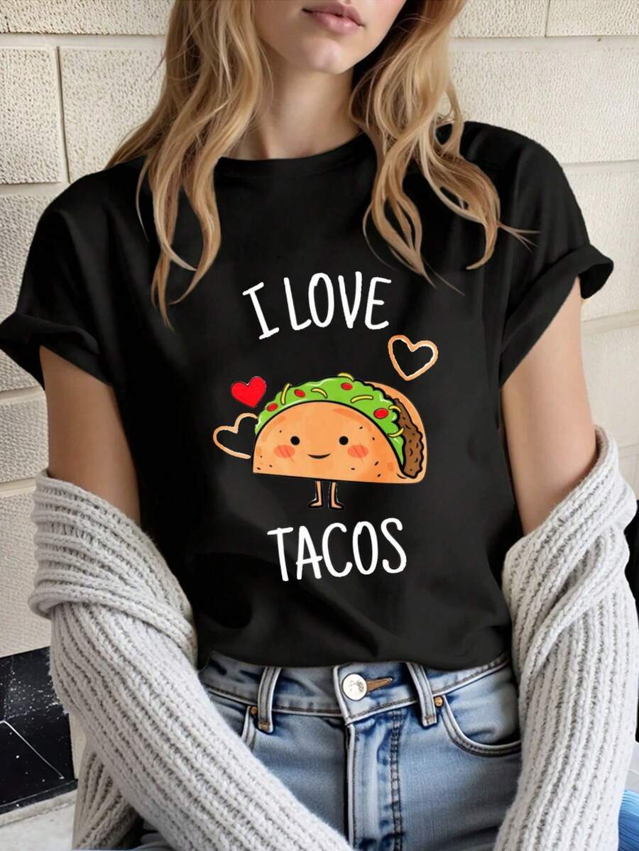 Women's Pure Cotton T-Shirt, Size S-M-L-XL, Soft Cotton With Taco And Heart Print, Fun Design For Food Lovers, Gift For Women And Girls, Fashionable Casual Clothing, Perfect Summer Casual Women's Dresses For All Seasons, Women's Night Out Tops - 黑色 - 查看 1