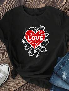 Camiseta de manga corta para mujer con estampado "Chain Heart LOVE", hecha de fibra de poliéster suave y transpirable, elasticidad media, lavable a máquina, camiseta casual de manga corta con cuello redondo y estampado, una prenda imprescindible para primavera y verano, top de manga corta, ropa de mujer. - Negro - Ver 2