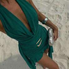 Spring/Summer New Sexy Party Music Festival Wedding Season Beach Vacation Wedding Season Green Mesh Deep Draped Neck Backless Fitted Asymmetrical Ruffle Hem Mini Dress, St. Patrick's Day Dress, Boho Music Festival Dress Green Clothes Women's Beach Outfits Bikini Cover Ups Dress Bathing Suit And Cover Up Beach Outfit For Women Dress Vacation Outfits Woman Dress, Women's Sexy Green Halter Sleeveless Mini Bodycon Dress With Asymmetrical Hem And Tie Back Detail - Verde agua - Ver 2