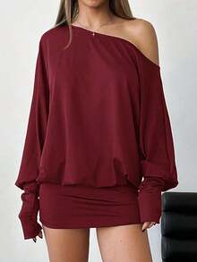 Vestido corto y ajustado de manga larga, asimétrico y sexy para mujer, para festivales de música y estilo streetwear moderno - Burdeos - Ver 3
