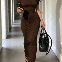 Solva Women's Solid Color Off-Shoulder Short Sleeve Fitted Elegant Dress - Café - Ver 6
