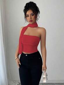 Top de camisola plisado con decoración de bufanda de malla elegante para mujeres - Rojo - Ver 5