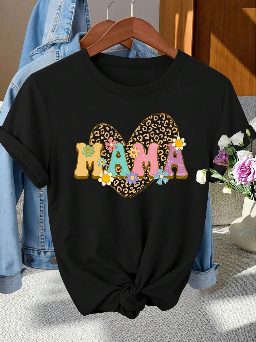 Women's Vintage Print T-Shirt AA - Limited Edition Gift Suitable For Photoshoots, Commuting, And Vacations, Short Sleeve Crew Neck Blouse With Floral Leopard And Heart Print For Casual Spring, Summer, And Autumn Outfits (Machine Washable) Adorable Animal Print, Fun Letter Print, Matches With Street Fashion, Summer Outdoor Or Everyday Wear, Daily Wear For Sweet Girls Or Students, Cool And Sweat-Free Summer Clothes - 黑色 - 查看 1