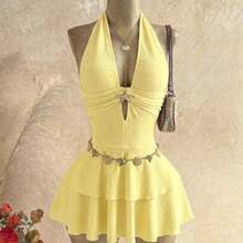 WYWH Women's Solid Color Halter Metal Decor Fashion Date Party Mini Dress - amarillo ganso - Ver 1
