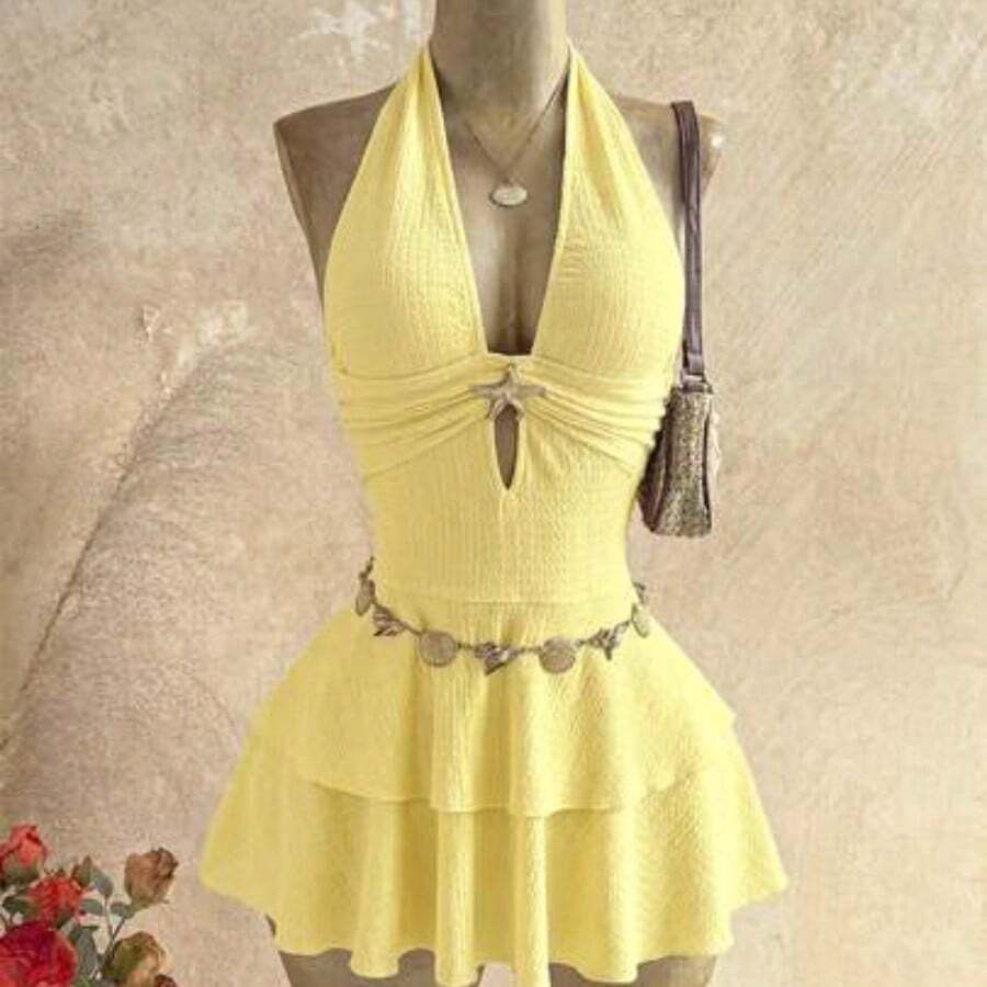 WYWH Women's Solid Color Halter Metal Decor Fashion Date Party Mini Dress - amarillo ganso - Ver 1