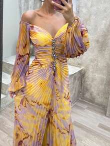 Long Pleated Dress With Long Sleeves, Casual Style For Autumn And Winter - Yellow - View 4