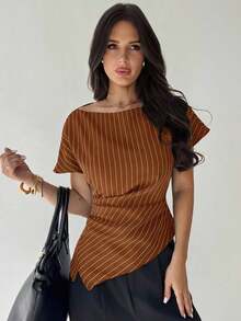 Blusa asimétrica casual y elegante a cuadros, adecuada para ir al trabajo, uso casual diario y vestimenta de negocios de moda para mujer / Vuelta al colegio / Profesora / Blusas para salir / Blusas para salir / Mujer de negocios casual / Camisa a - Marrón - Ver 4