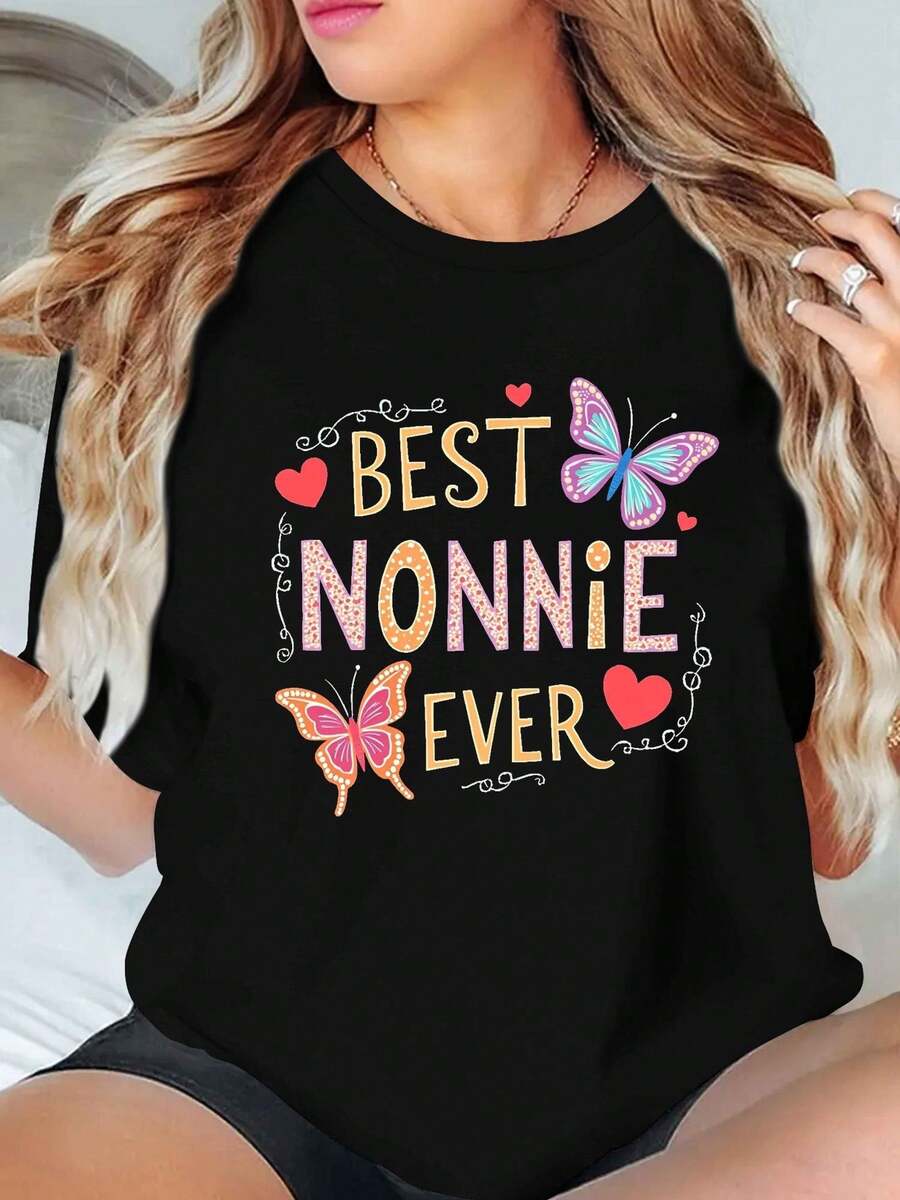 Talla Grande, Talla Grande - Camiseta Gráfica "Mejor Nonnie de Siempre" para Mujeres Talla Grande - Top Casual de Manga Corta en con Maosas y Corazones Coloridos, Tejido Suave y Elástico, Cuello Redondo, Lavable a Máquinarrimavera, Verano, Otoño y Ocasiones Festivas, Camisetas para Damas