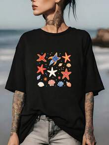 Fashionable Summer T-Shirt With Starfish And Shell Print, Perfect For Family Beach Holidays And Christmas Gifts, Lightweight 180g T-Shirt, Unisex - Urban Vintage Style, Unisex Loose Cotton Short Sleeve Round Neck T-Shirt. - 黑色 - 查看 1