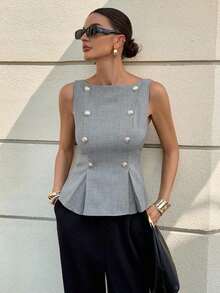Blusa elegante sin mangas con cintura ceñida para uso diario, verano - Albaricoque 2 - Ver 3