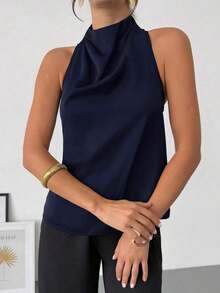 negra ajustada de estilo casual y elegante para la temporada de primavera/verano, con cuello asimétrico, sin mangas, escote halter, espalda descubierta y decoración de lazo - Azul marino - Ver 6