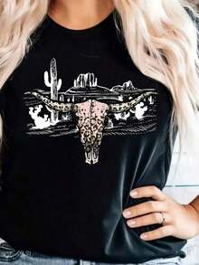 Camiseta de Mujer con Estampado de Calaveras de Vaca y Paisaje del Desierto - Diseño de Cactus y Formaciones del Suroeste Estilo Cowgirl del Oeste - Camiseta Casual Suave y Elástica de Manga Corta con Cuello Redondo para Primavera, Verano y Otoño - Rosa/Beige - Negro - Ver 3