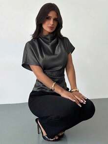 Blusa de bambú y lino con cuello arrugado, mangas asimétricas, plisado lateral y cintura ceñida, para uso diario, color albaricoque, para todas las estaciones - Gris Oscuro - Ver 2