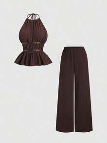 Conjunto de 2 piezas estilo francés relajado con camiseta sin mangas de cintura ceñida y pantalón ancho de pierna holgada, un conjunto de moda para mujeres - Marrón - Ver 9
