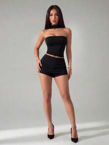 Top corto de mujer elegante y sexy con cuello halter y espalda descubierta - Negro - Ver 3