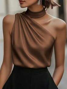 1 pieza Blusa elegante sin mangas de satén de unicolor con volantes asimétricos/asimétricos, adecuada para verano, vacaciones, oficina, hogar, uso diario, fiesta de cumpleaños, eventos formales y casuales - Marrón oscuro - Ver 6